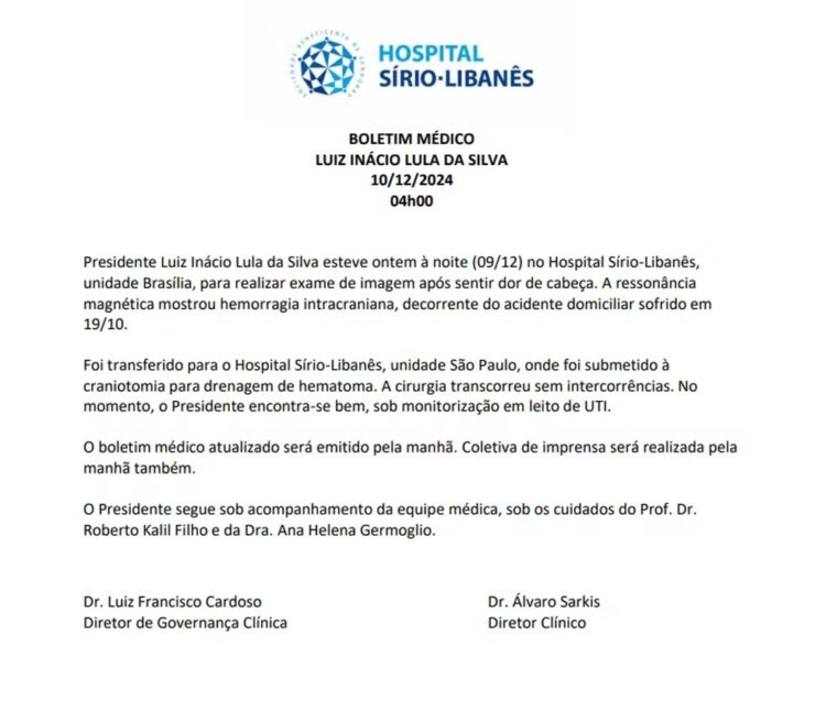 Boletim médico presidente Lula