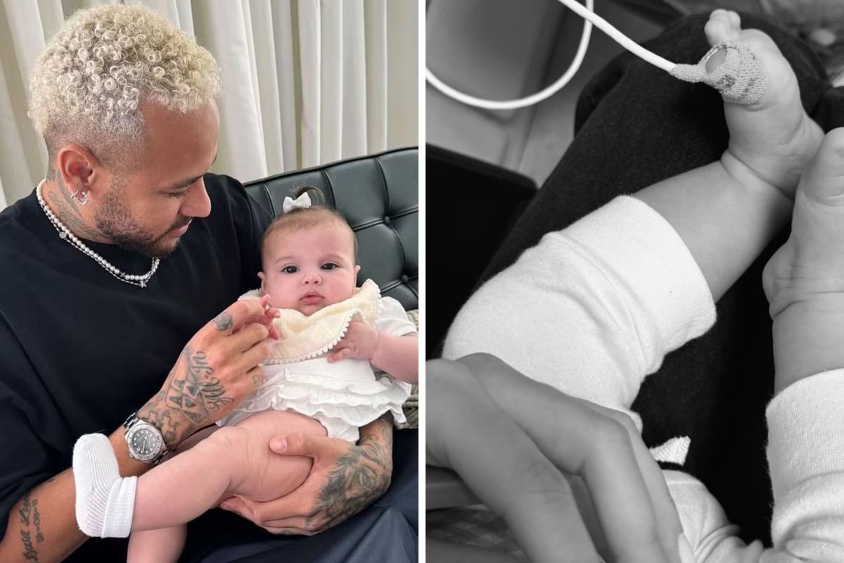 Neymar com a filha Helena no colo e ela no hospital com a mãe, Amanda Kimberlly