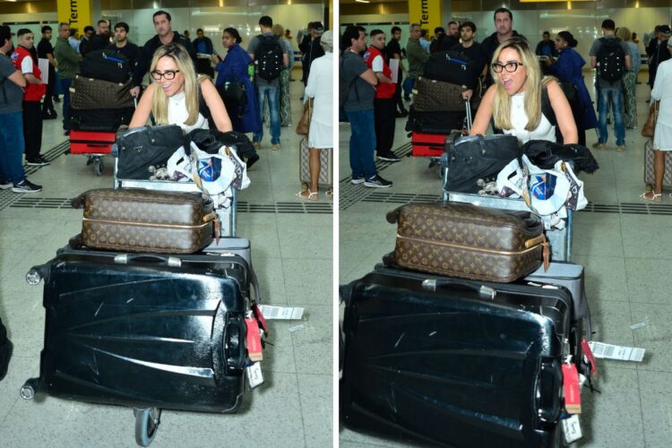 Wanessa Camargo e os dois filhos desembarcando em aeroporto