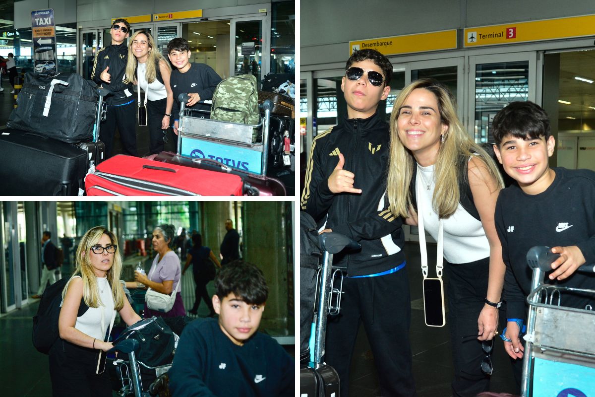 Wanessa Camargo e os dois filhos desembarcando em aeroporto