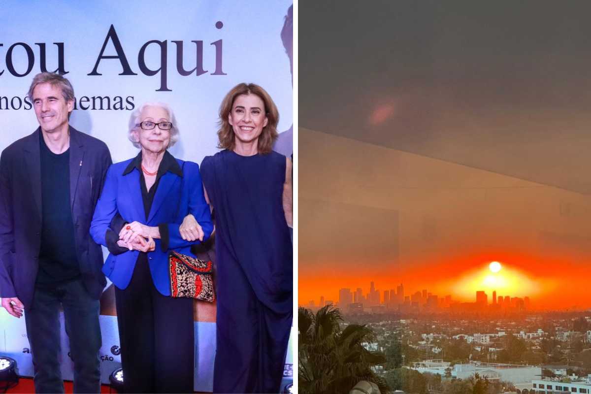 fotomontagem da pré-estreia de ainda estou aqui e de incêndios em los angeles