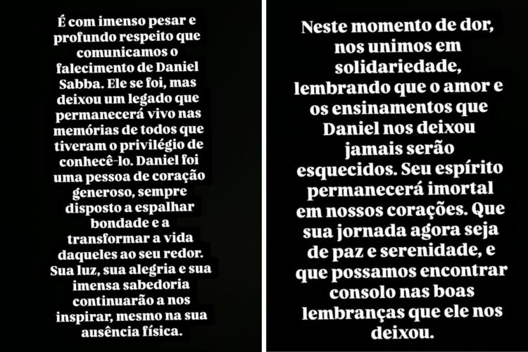 Comunicado da morte de Daniel Sabbá