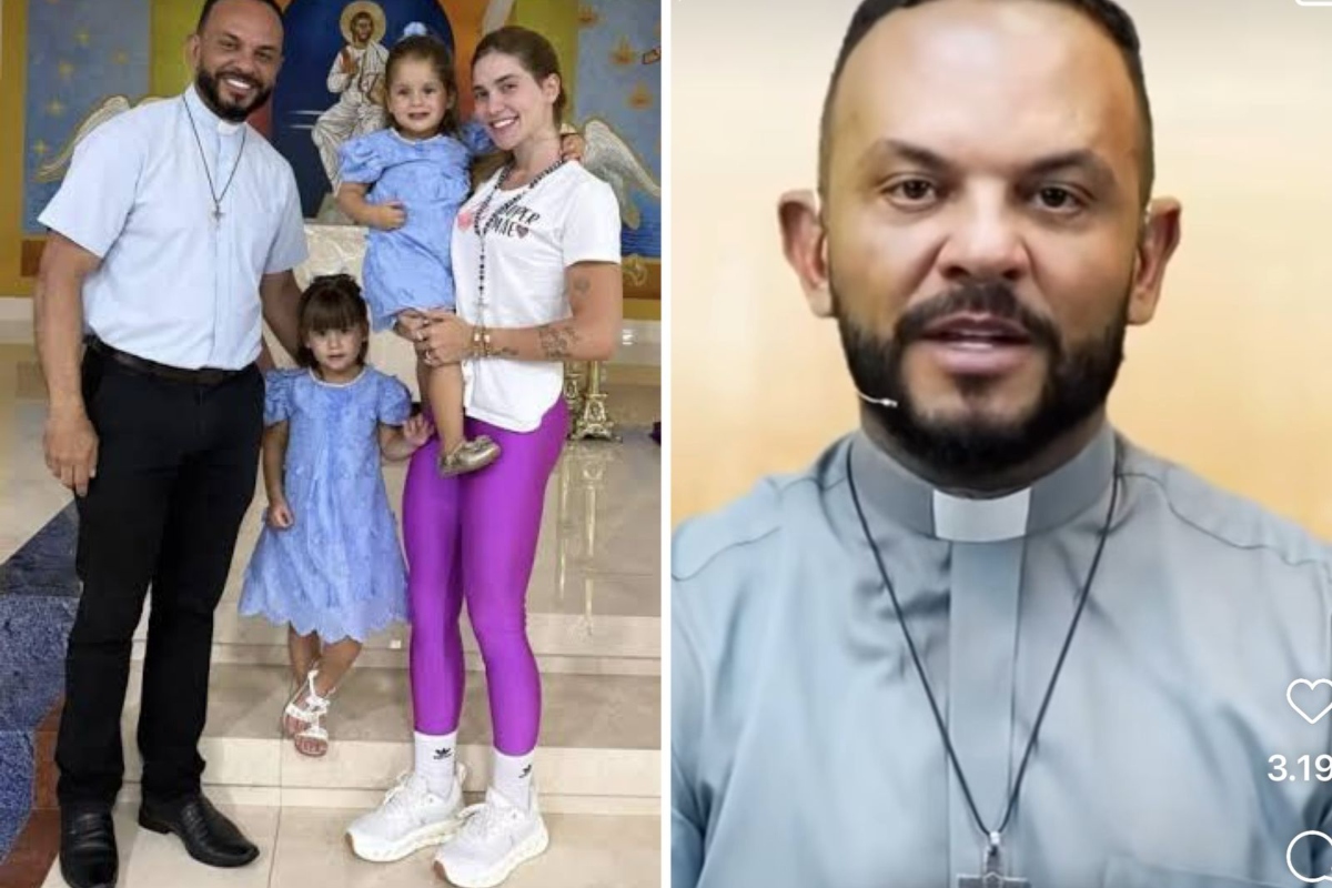 Virginia Fonseca, filhos e padre Marcos na igreja