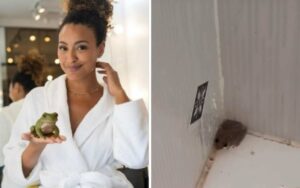 Sheron Menezzes leva susto com perereca que invade seu banho