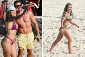 Cauã Reymond com fã e Jade Picon jogando futevôlei