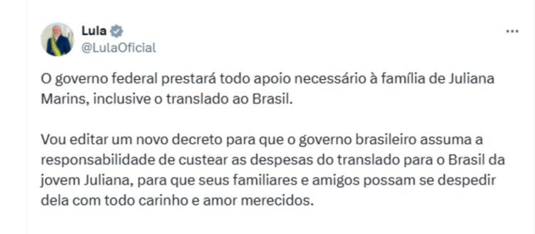 Postagem do presidente Lula