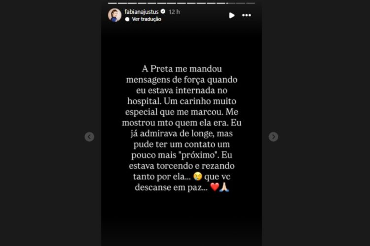 Fabiana Justus relembrando apoio de Preta Gil