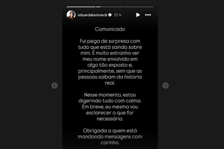 stories da influenciadora eduarda luvinesck negando ser pivô da separação de carlinhos maia