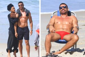 Bella Campos e Cauã Reymond gravam na praia