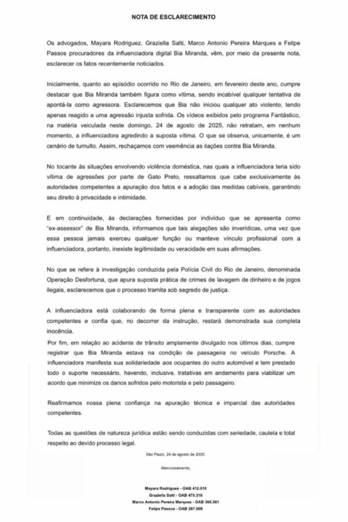 Comunicado de advogados de Bia Miranda sobre polêmicas recentes