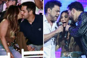 Fotomontagem de Simone Mendes beijando marido e antando com Zezé Di Camargo e Luciano no festival sertanejo Histórias