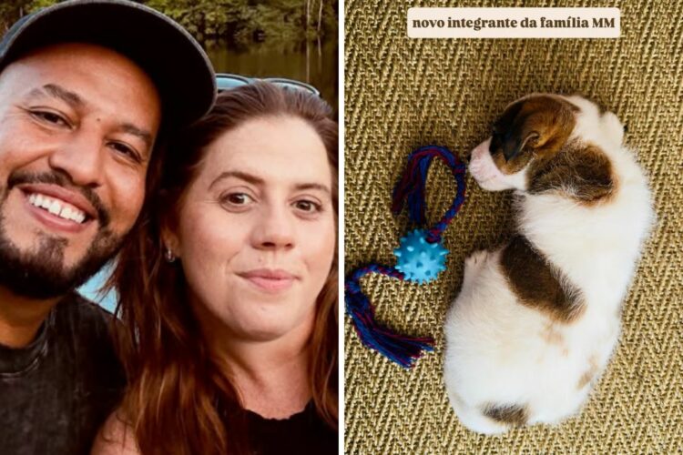 Tati Machado ao lado do marido e do cachorro Mauro