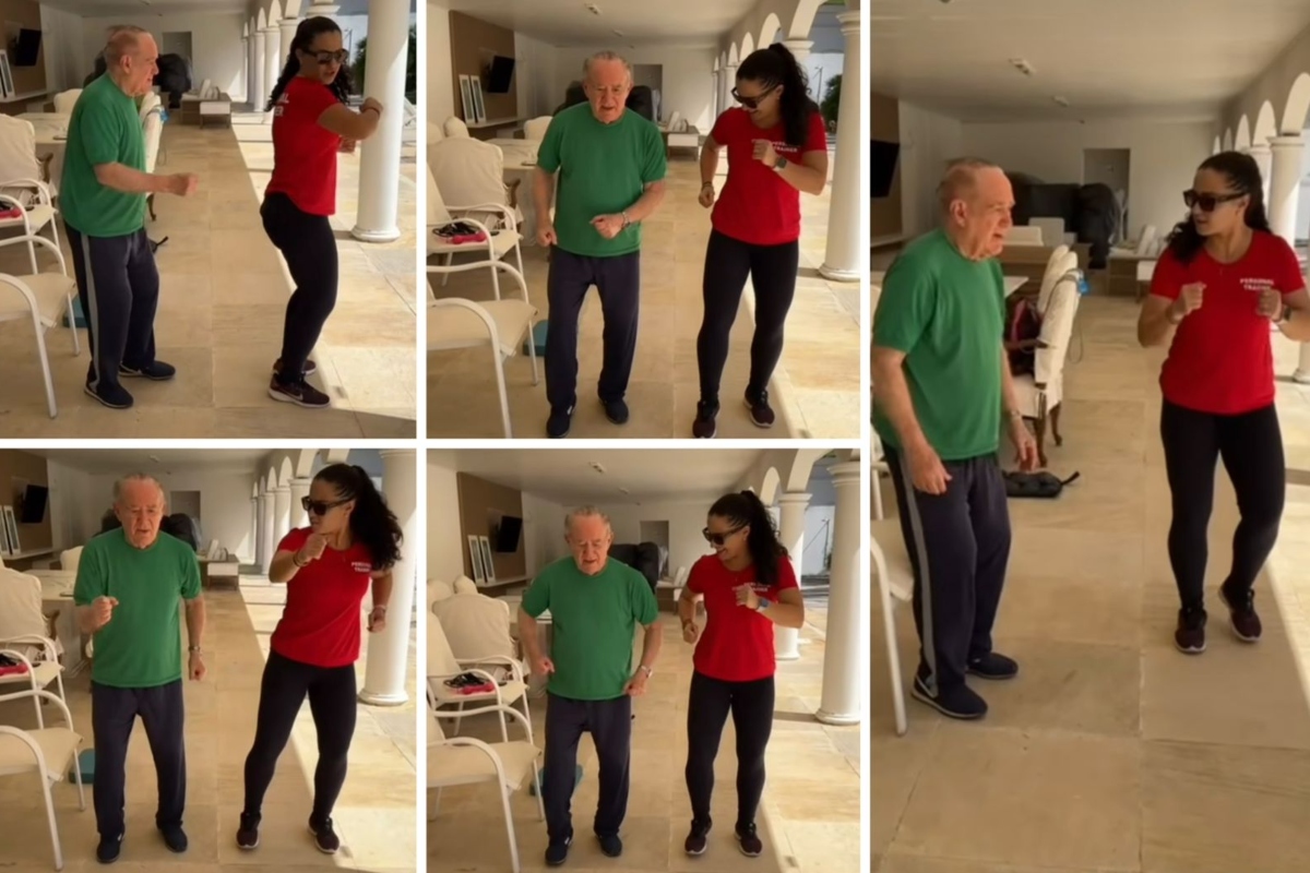 Renato Aragão se exercita e dança com a personal trainer