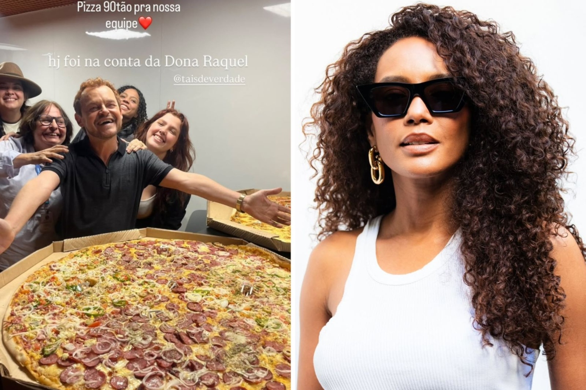 Taís Araújo dá pizza gigante para elenco de 'Vale Tudo'
