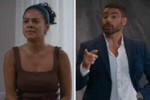 fotomontagem de Maria de Fátima (Bella Campos) e César (Cauã Reymond) em Vale Tudo