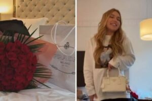 Virginia exibe os presentes que ganhou em Madri