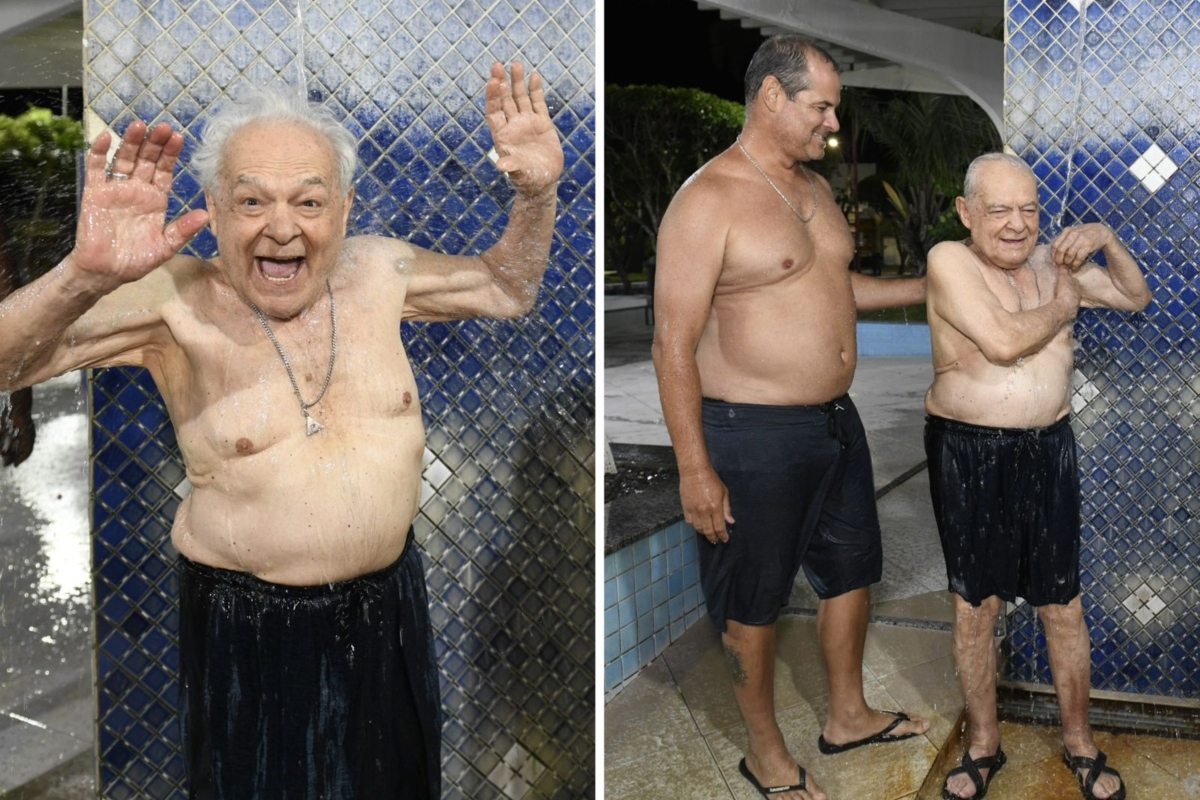 Othon Bastos toma banho com o filho em águas termais