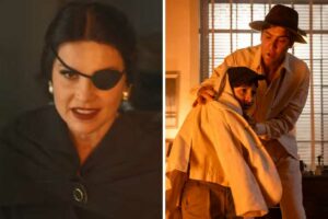 Fotomontagem de Sandra e Candinho enfrentando chamas para salvar o filho em Êta Mundo Melhor