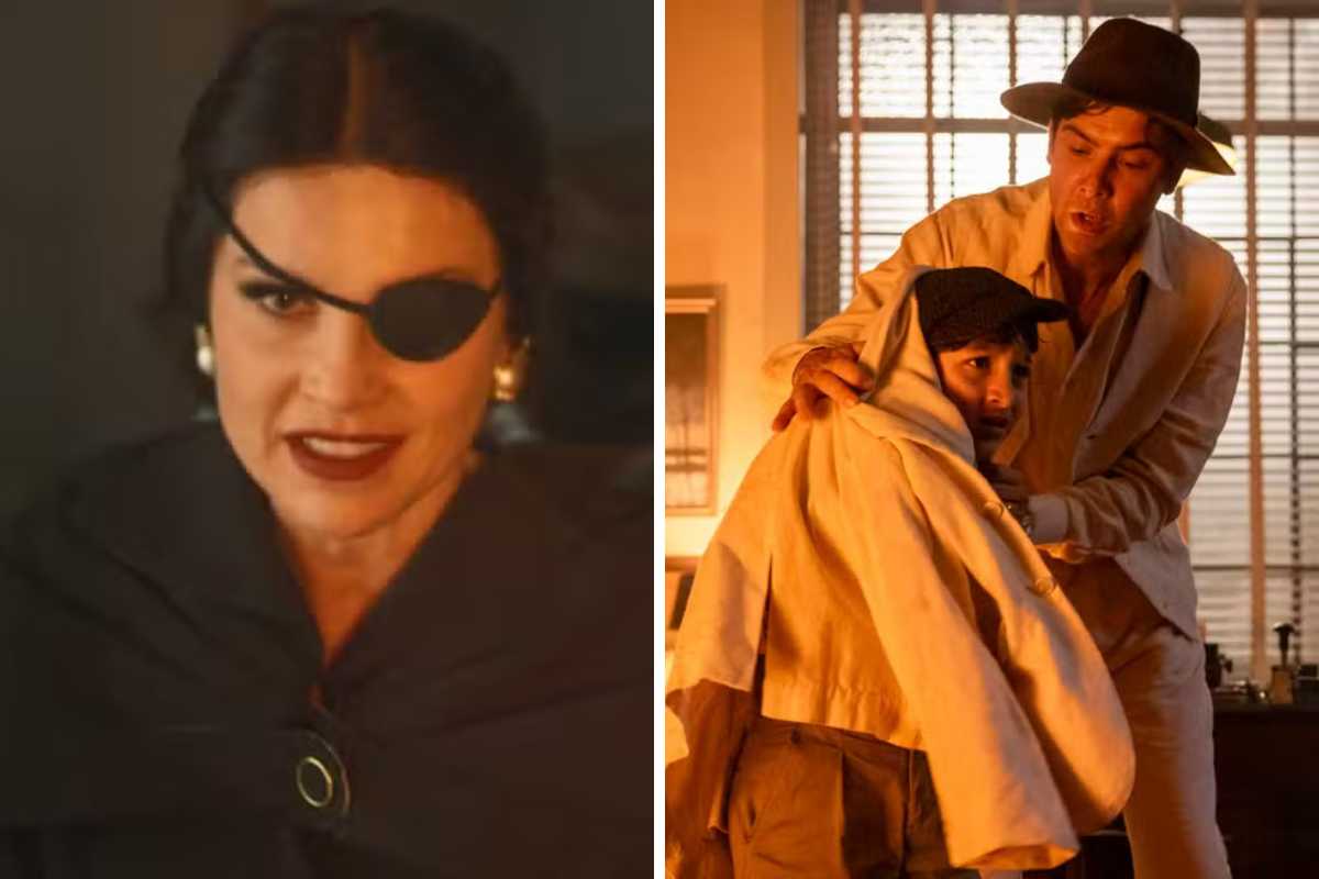 Fotomontagem de Sandra e Candinho enfrentando chamas para salvar o filho em Êta Mundo Melhor