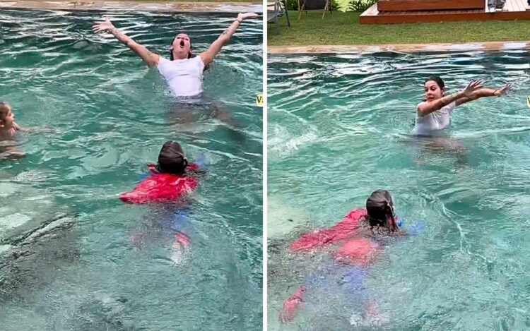 Ana Castella faz festa na piscina com filhas do Zé Felipe