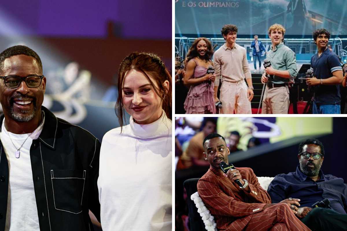 fotomontagem dos elencos de paradise, percy jackson e impuros no painel da disney+ na ccxp25