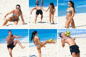 Jade Picon e André Lamoglia jogam futevôlei