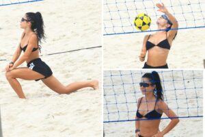 Jade Picon pratica futevôlei na praia da Barra da Tijuca
