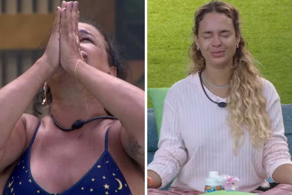fotomontagem de solange couto e sarah andrade chorando na área externa do bbb 26