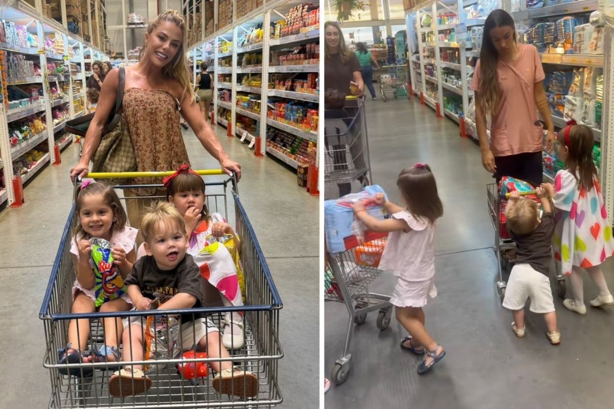 Poliana Rocha leva os netos ao supermercado