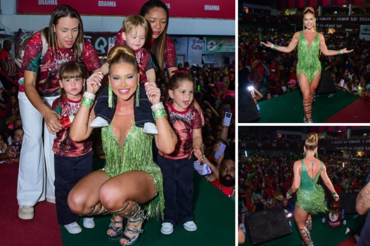 Virginia leva os filhos para o ensaio da Grande Rio