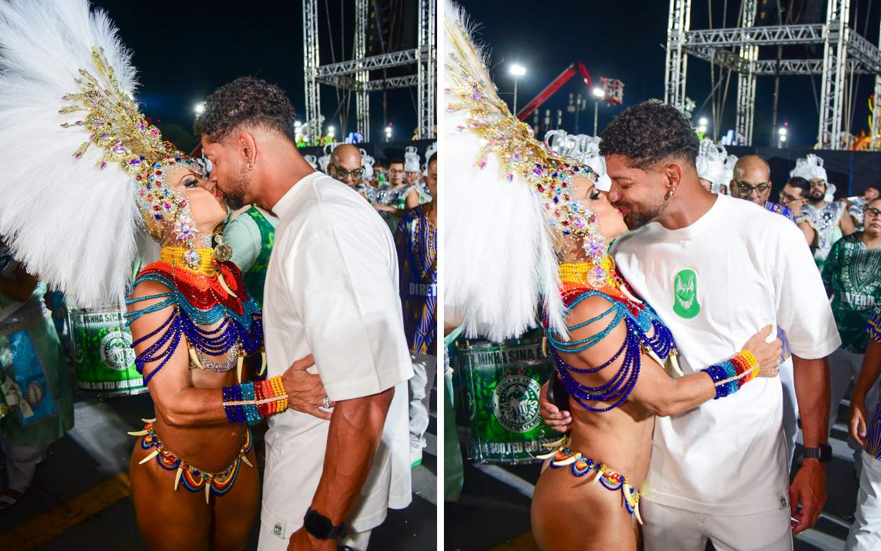 Viviane Araujo beija o marido antes de desfilar pela Mancha Verde - Edu Araujo Agnews