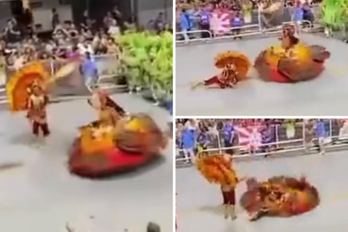 Mestre-sala e porta-bandeira da Tatuapé escorregam e caem