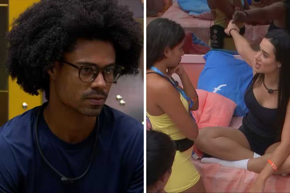 Fotomontagem de Breno sério e Jordana fazendo alerta a Gabriela no BBB 26