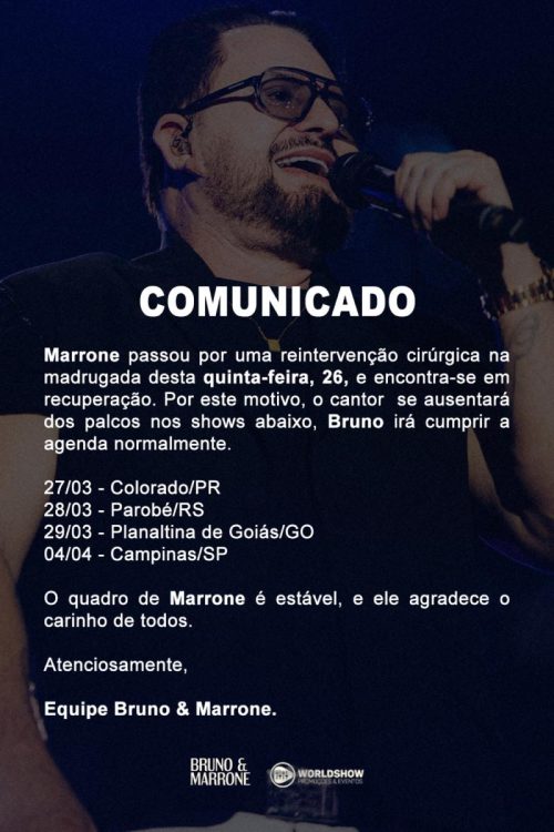 Comunicado sobre cirurgia de Mrrone e afastamento dos palcos
