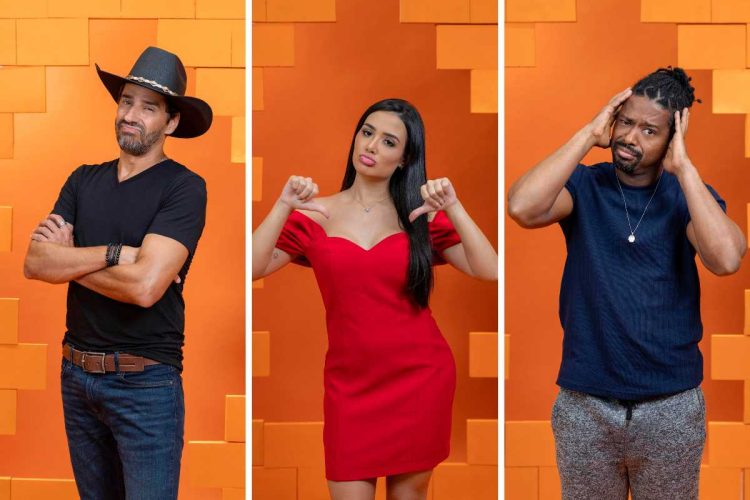 fotomontagem de alberto cowboy, jordana e leanro boneco no paredão do bbb 26
