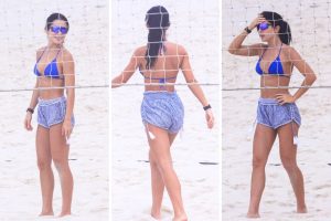 Jade Picon na praia jogando futevolei