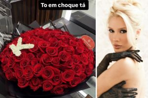 Karolina Lima foi surpreendida com o buquê de rosas vermelhas