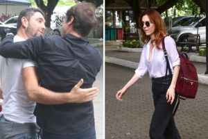 Leonardo Carvalho e Deborah Evelyn chegam para o velório de Dennis Carvalho