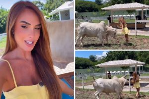 Nicole Bahls leva carreira da vaca em sua fazenda