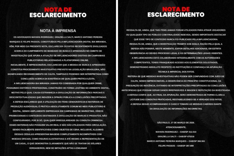 Pronunciamento de Bia Miranda sobre apreensão policial