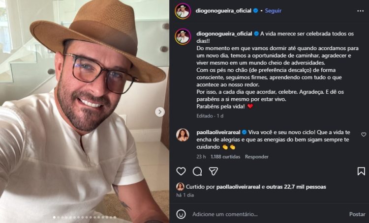 Diogo Nogueira recebe mensagem de Paolla Oliveira em aniversário