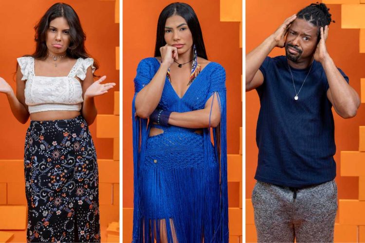 fotomontagem de gabriela, marciele e leandro boneco no paredão do bbb 26