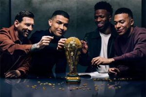 Messi, Cristiano Ronaldo, Mbappé e Vini Jr. montam taça da Copa do Mundo feita de Lego