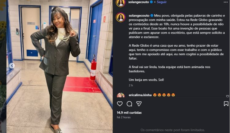 Publicação de Solange Couto no Instagram