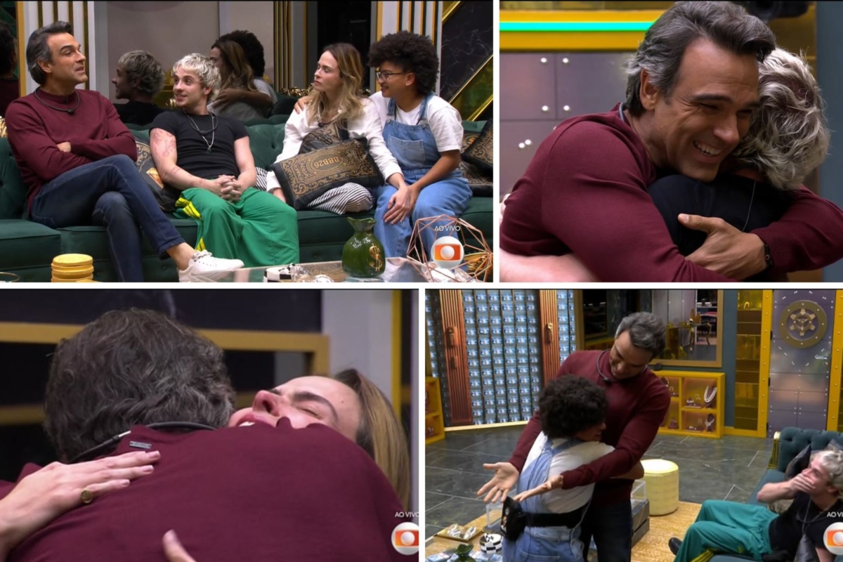 Tadeu Schmidt entra na casa e abraça o Top 3