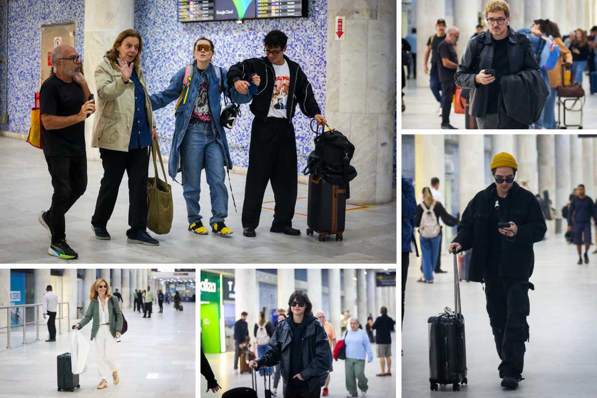 fotomontagem de atores de "quem ama cuida" desembarcando no rio após festa de lançamento da novela