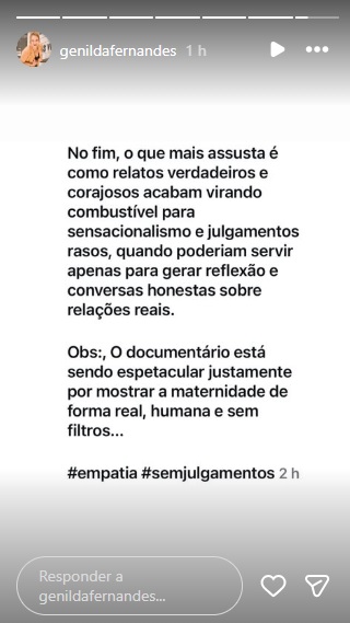 Genilda Fernandes, mãe de Rafa Kalimann, Stories