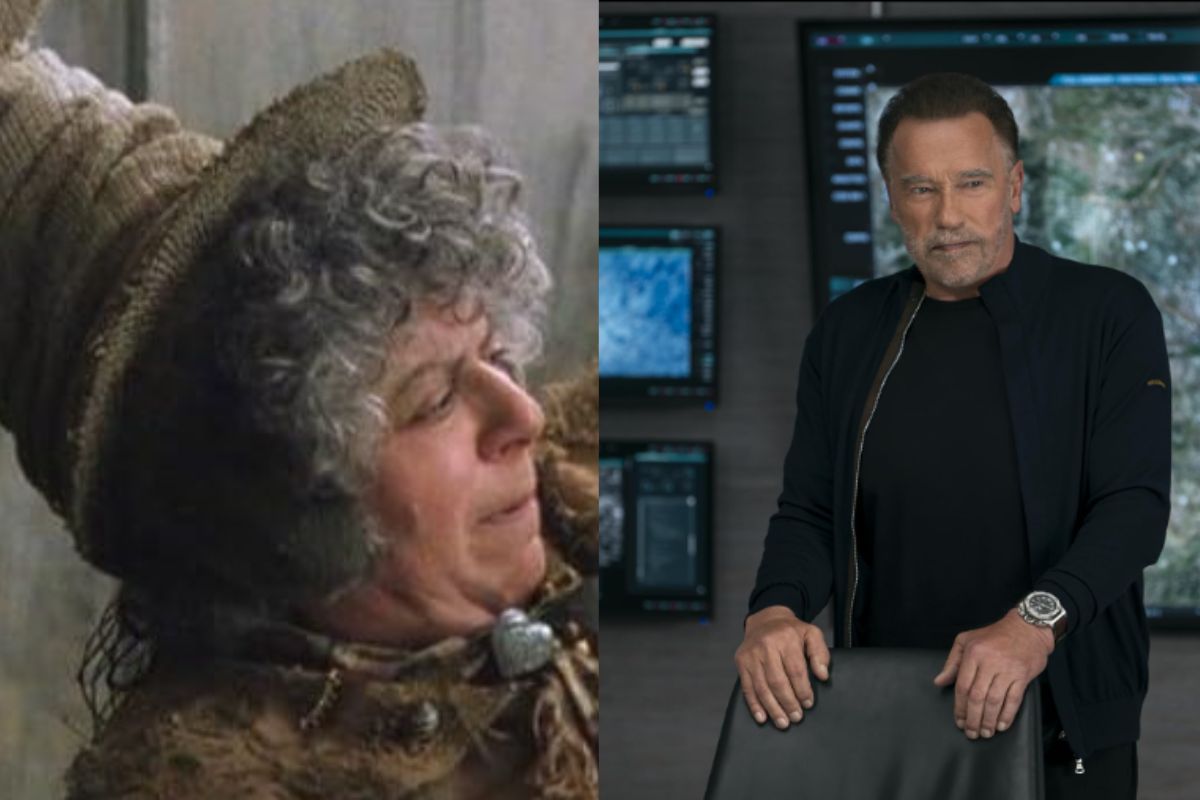 Montagem Miriam Margolyes e Arnold Schwarzenegger