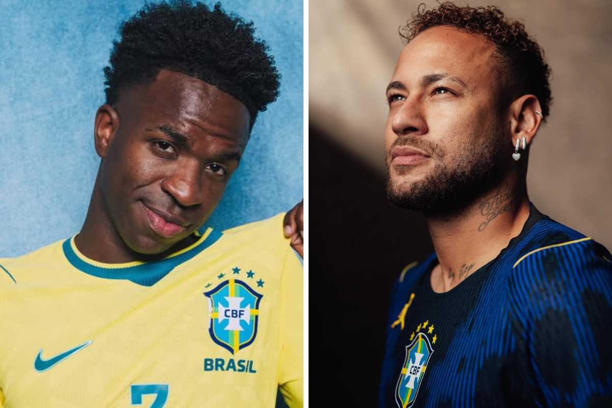 vini jr e neymar posando com camisetas da seleção
