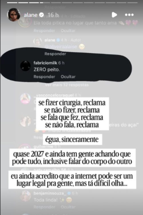 Alane Dias rebate comentário sobre seu corpo